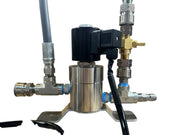 Stainless steel softwash chemical injector with black solenoid valve and brass fittings for pressure washing systems