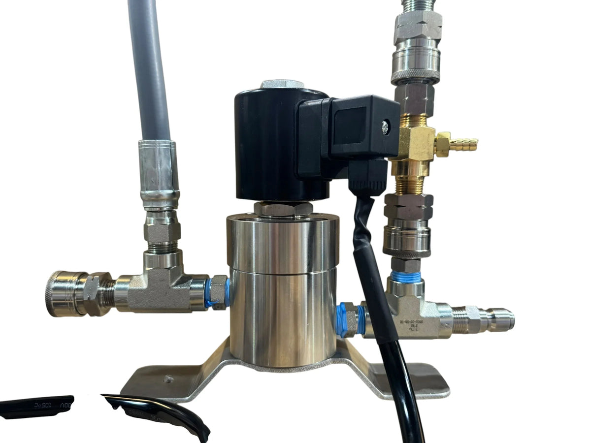 Stainless steel softwash chemical injector with black solenoid valve and brass fittings for pressure washing systems