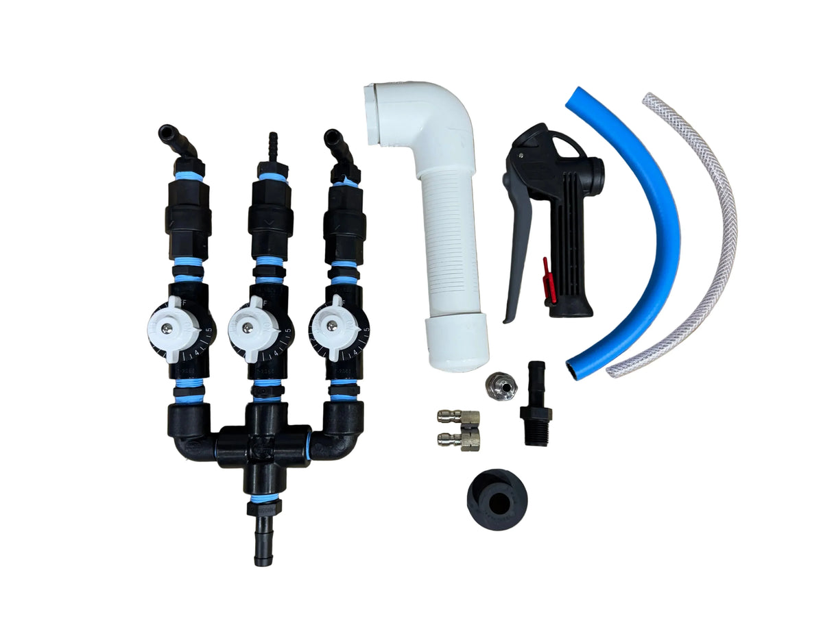 Softwash equipment kit with chemical injectors, spray gun, hoses, and fittings for pressure washing systems