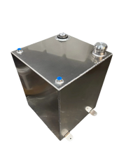 Stainless steel softwash tank with blue caps and mounting brackets for pressure washing equipment