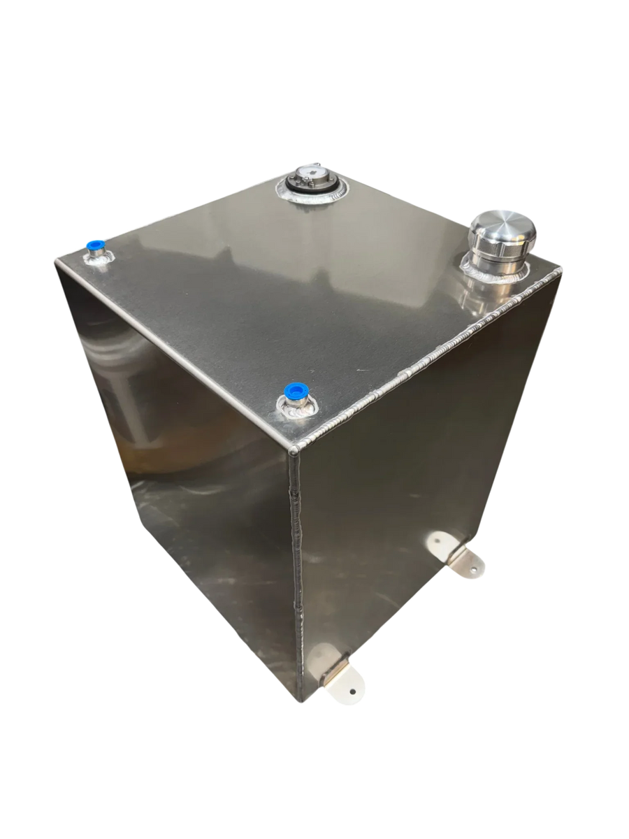 Stainless steel softwash tank with blue caps and mounting brackets for pressure washing equipment