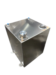 Stainless steel softwash tank with pressure gauge and blue caps for professional cleaning equipment