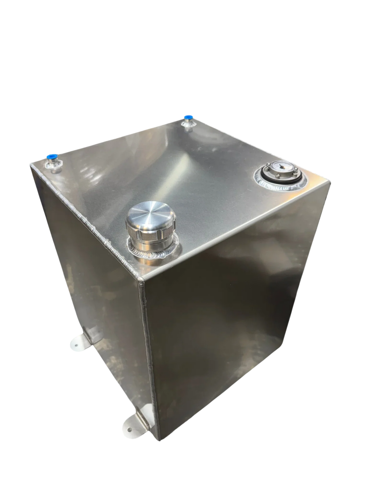 Stainless steel softwash tank with pressure gauge and blue caps for professional cleaning equipment