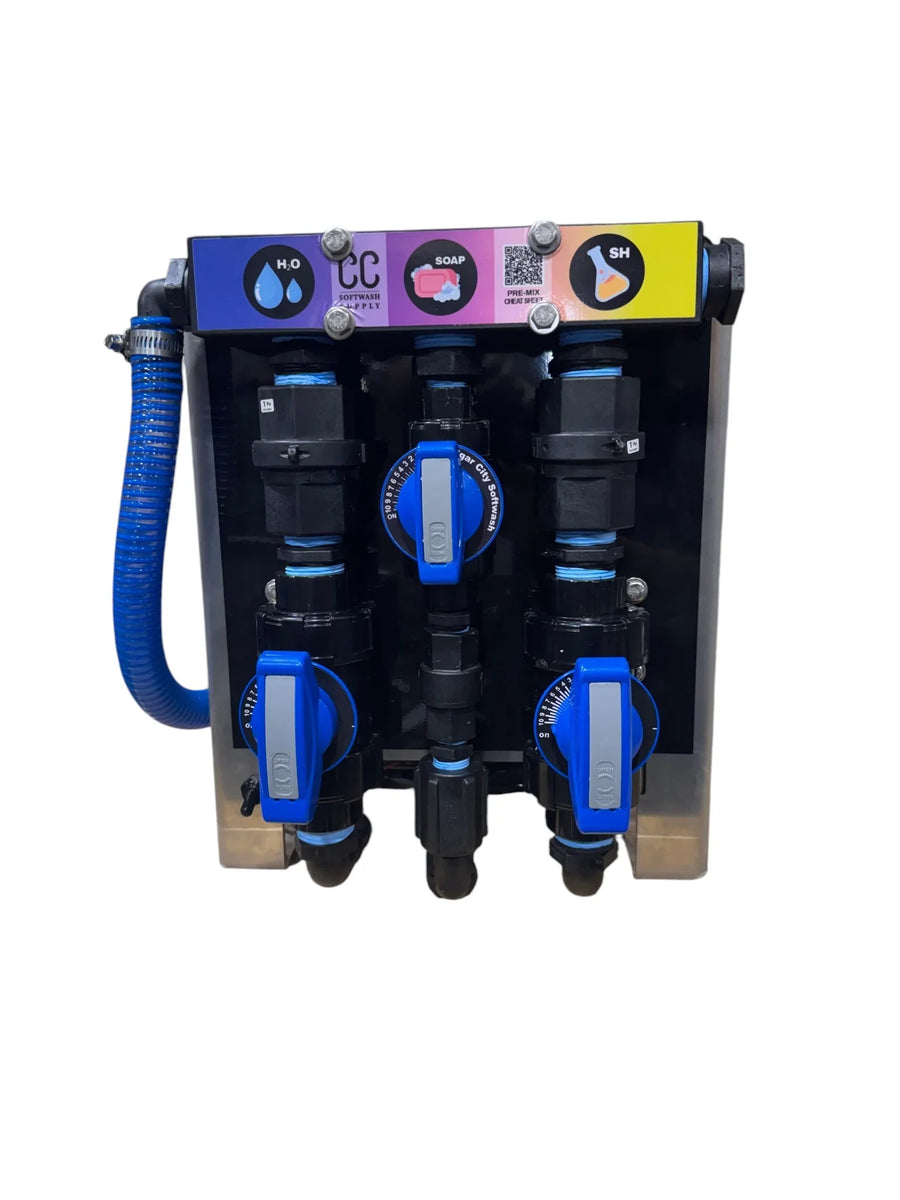 Softwash chemical injector with blue valves and labeled H2O, SOAP, SH ports for pressure washing systems