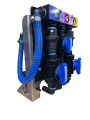 Softwash equipment with blue hoses and control valves for pressure washing systems