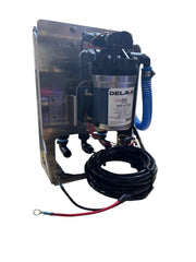 Delavan PowerFLO 7870-101Y-SB softwash pump with stainless mount, hoses, and wiring for professional cleaning systems