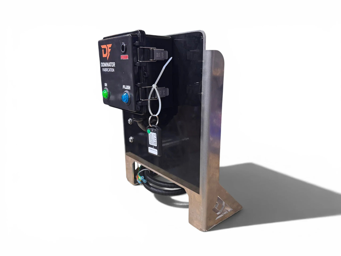 Dominator Fabrication softwash control panel with power and flush buttons, mounted on metal frame