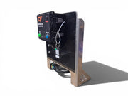 Dominator Fabrication softwash control panel with power and flush buttons, mounted on metal frame