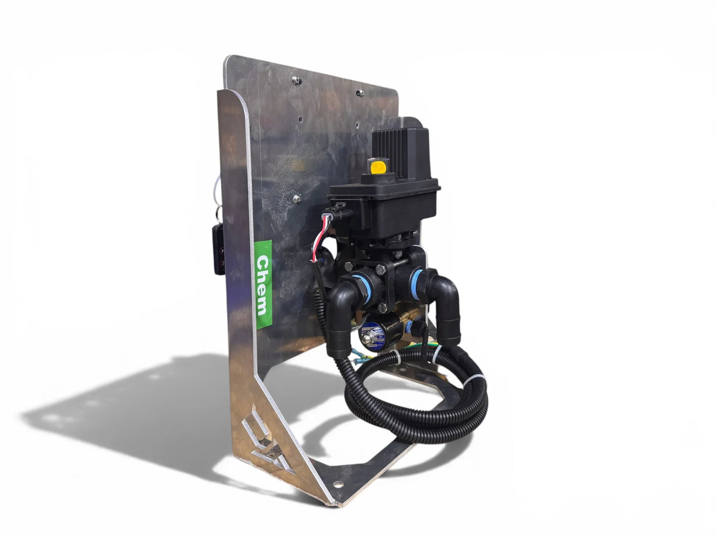 Softwash chemical injection pump with metal mounting plate and black hoses for pressure washing systems