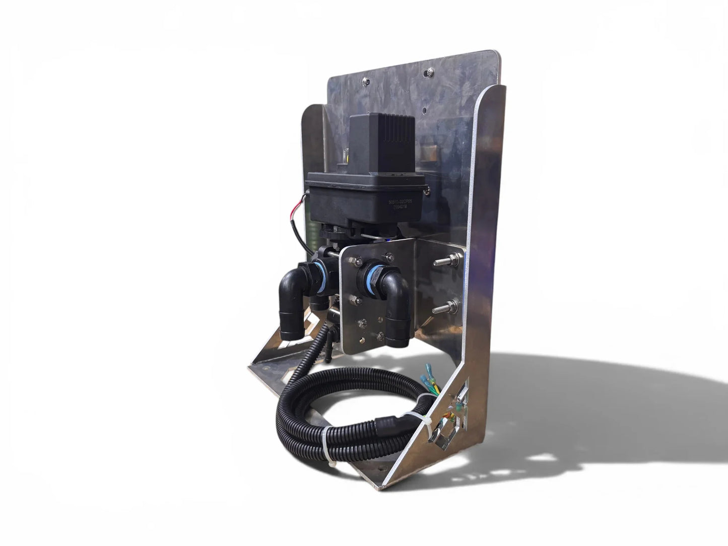 Stainless steel softwash equipment with black pump, hoses, and wiring for professional cleaning systems