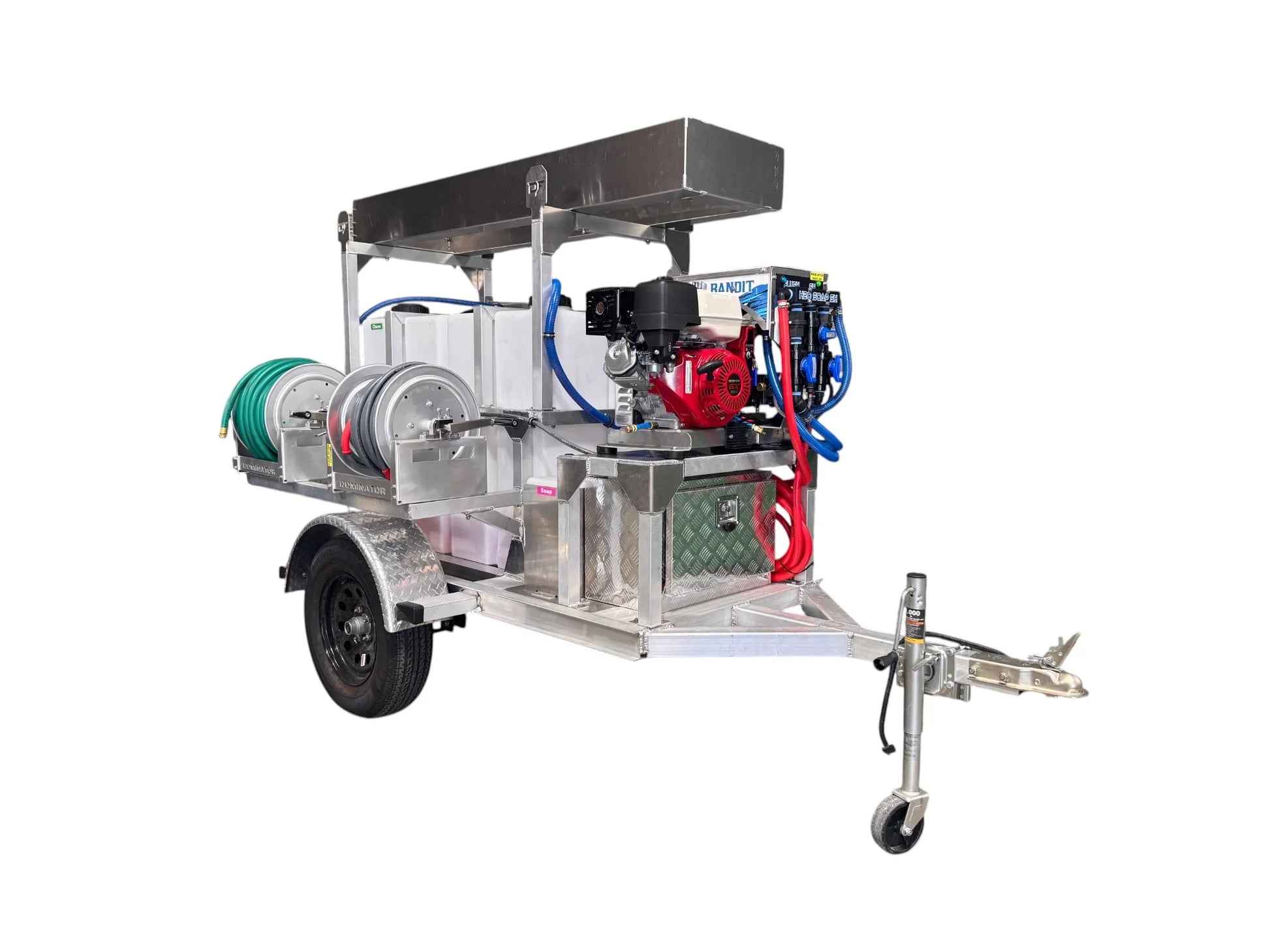 Professional softwash trailer with pressure washer, hoses, and chemical tanks for exterior cleaning