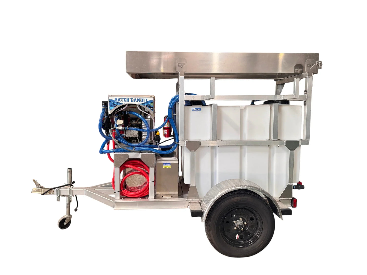 Mobile softwash trailer with water tanks, hoses, and Batch Bandit system for professional exterior cleaning.
