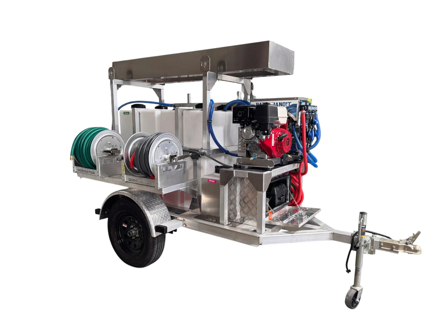 Professional softwash trailer with chemical tanks, hoses, and pressure washer for exterior cleaning