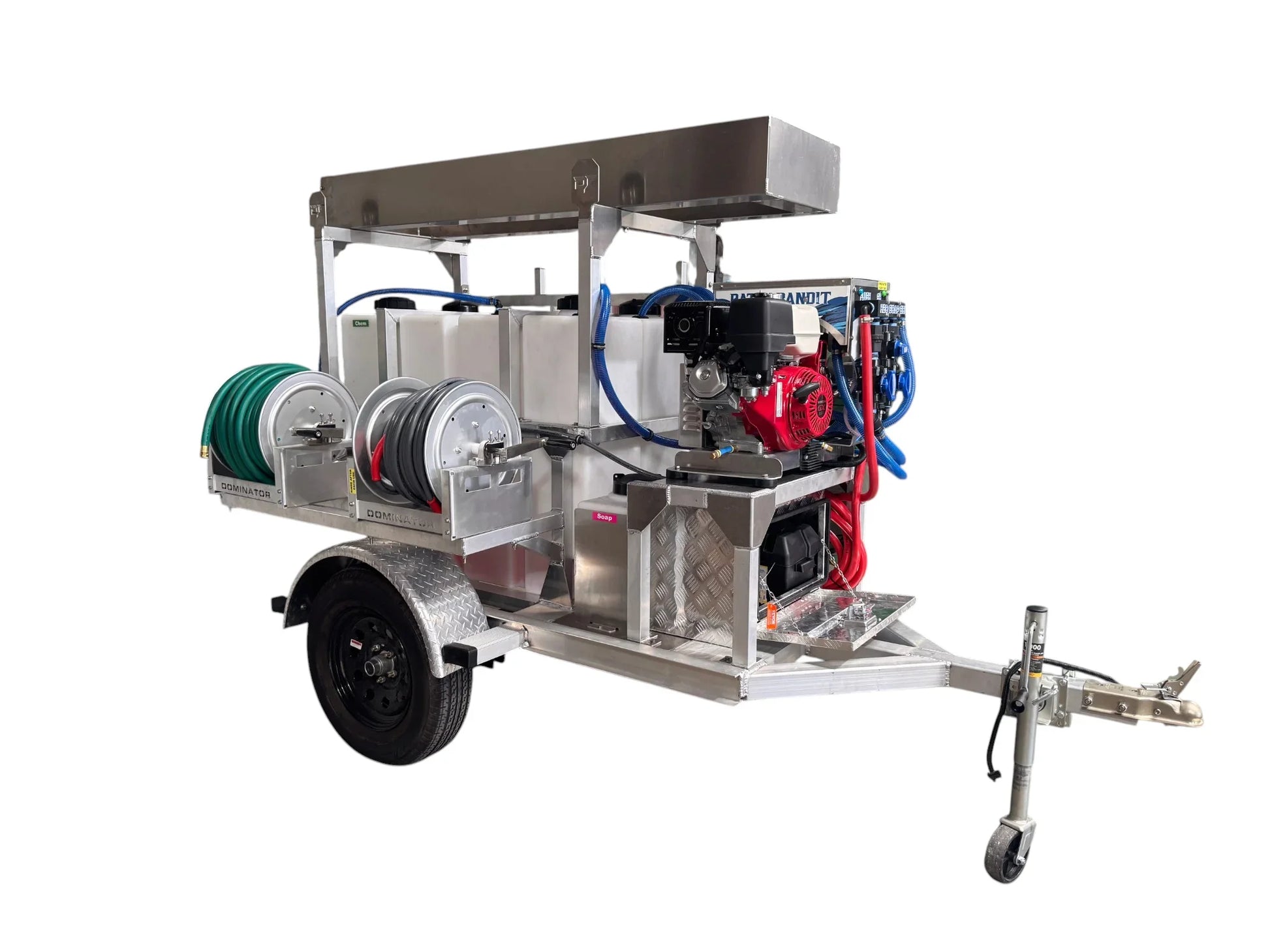 Professional softwash trailer with chemical tanks, hoses, and pressure washer for exterior cleaning