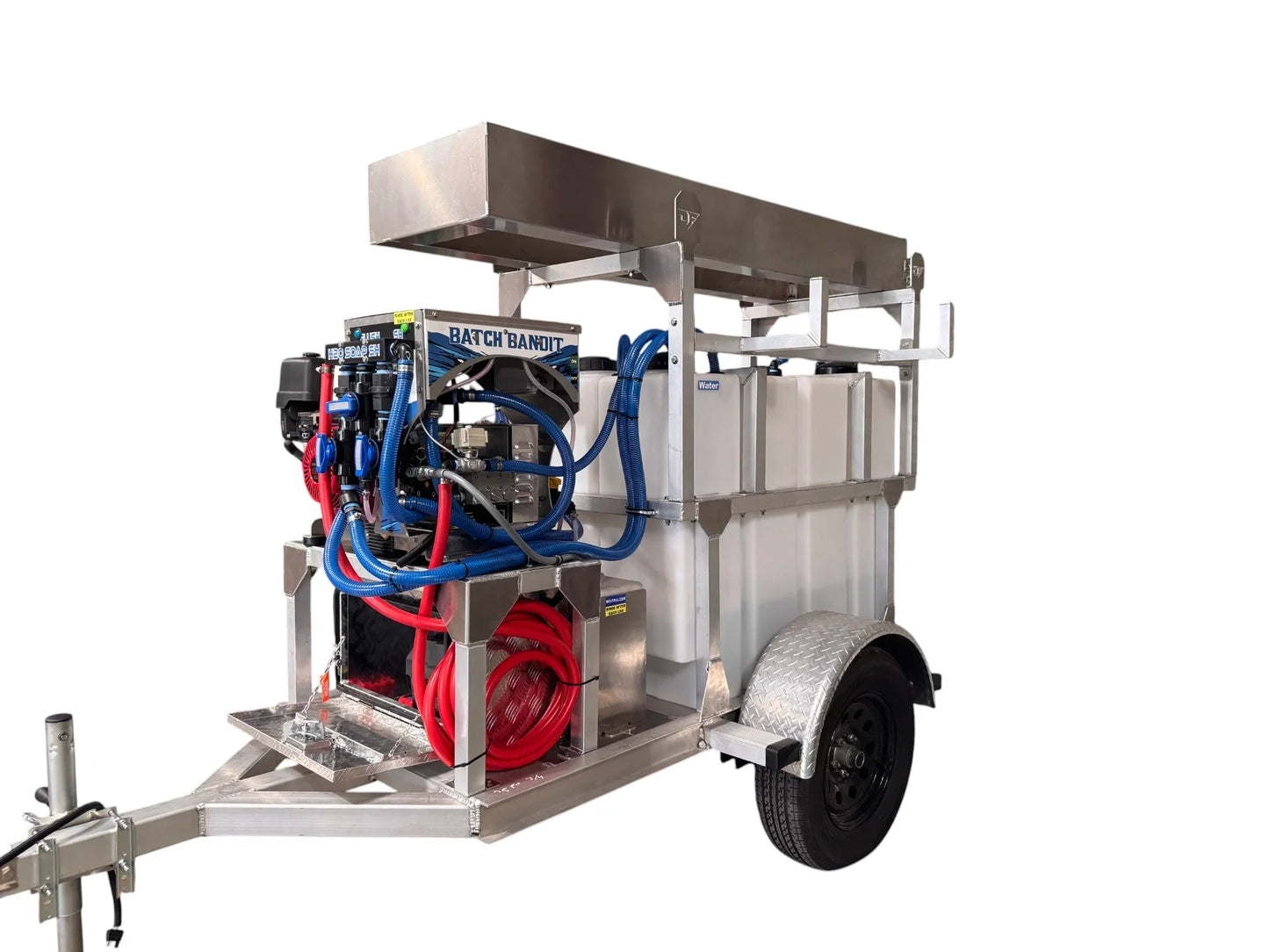 Mobile softwash trailer with Batch Bandit system, hoses, and water tanks for professional exterior cleaning