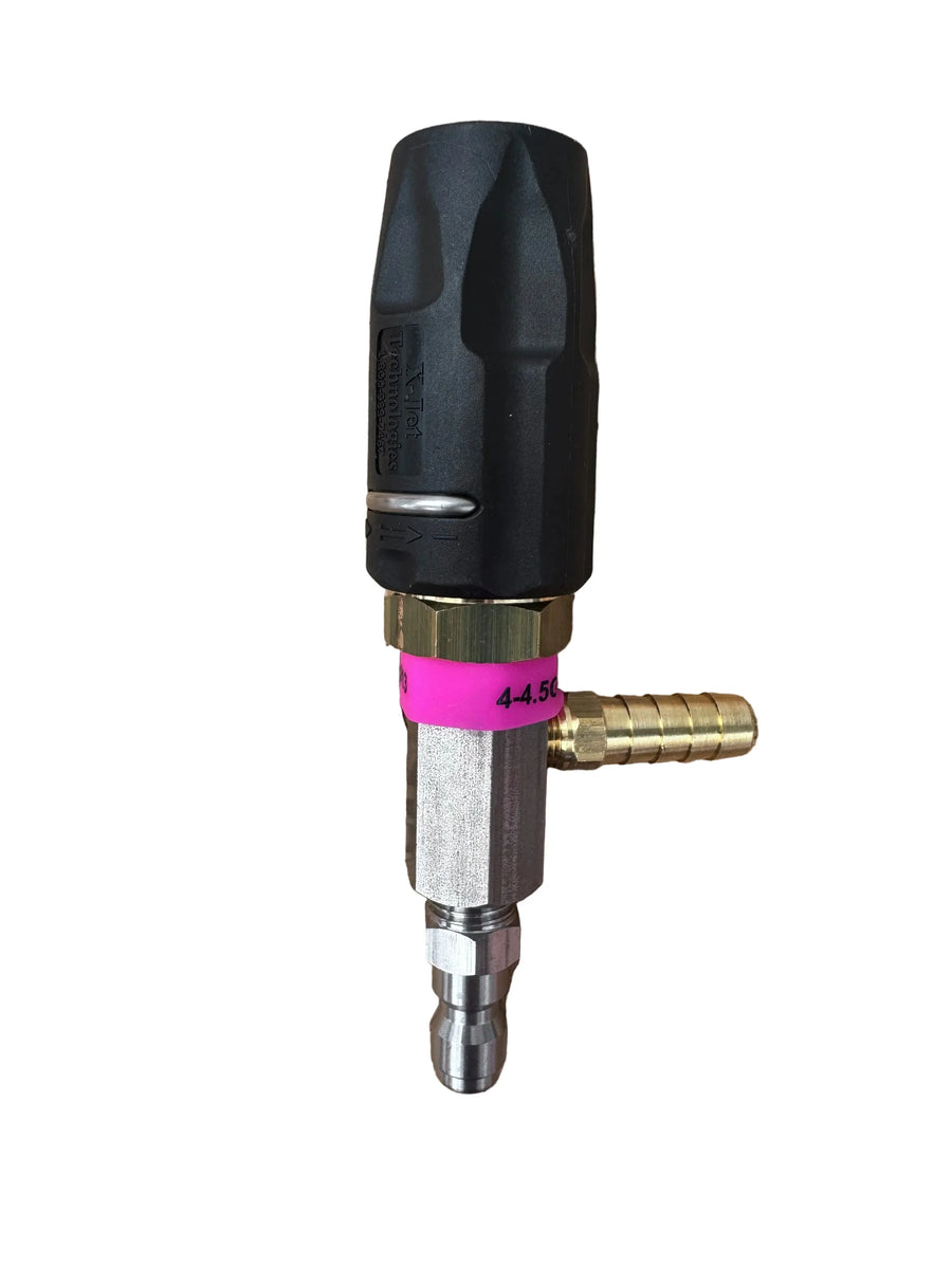 X-Jet softwash chemical injector with pink 4-4.5 GPM band, brass fittings, for pressure washing systems