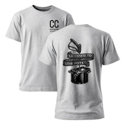 Gray softwash t-shirt with 'Licensed to Stir Pots' graphic and pressure washer design for cleaning pros