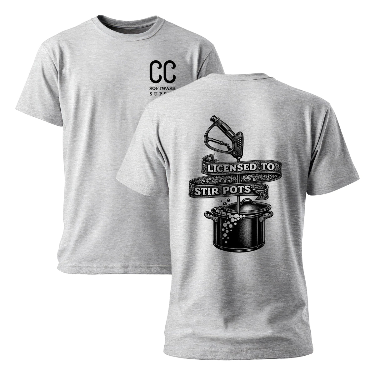 Gray softwash t-shirt with 'Licensed to Stir Pots' graphic and pressure washer design for cleaning pros