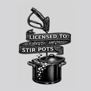 Softwash pressure washer nozzle stirring pot with 'Licensed to Stir Pots' banner, vintage illustration