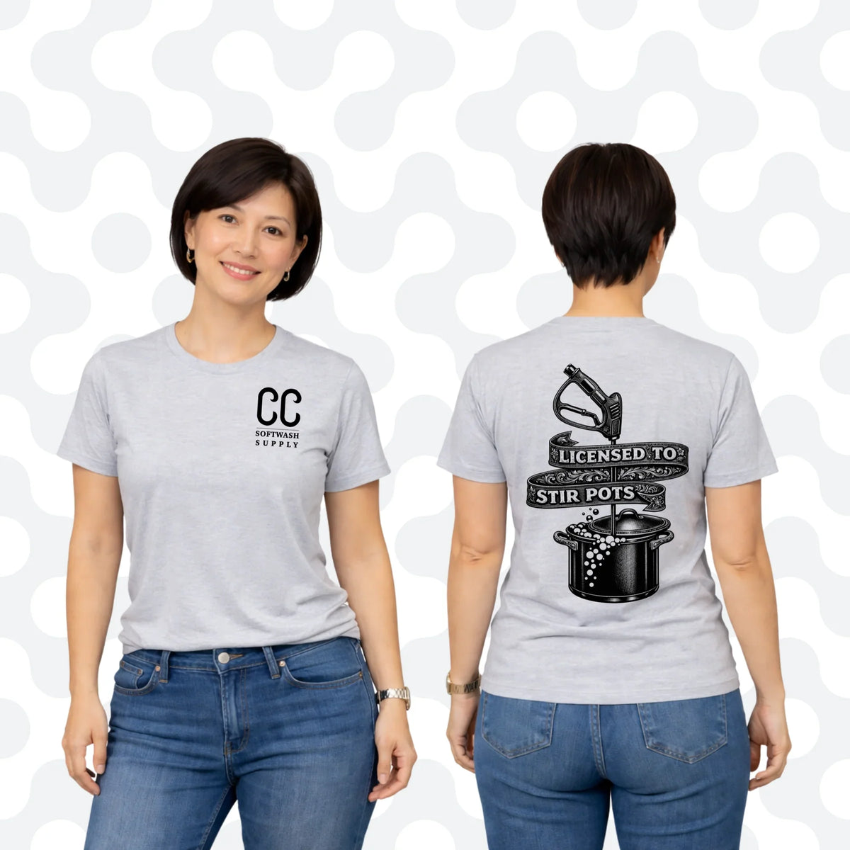 Gray softwash supply t-shirt with 'Licensed to Stir Pots' graphic and CC logo, worn by woman