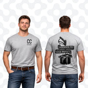 Gray softwash supply t-shirt front and back, featuring 'Licensed to Stir Pots' graphic with pressure washer nozzle and pot design