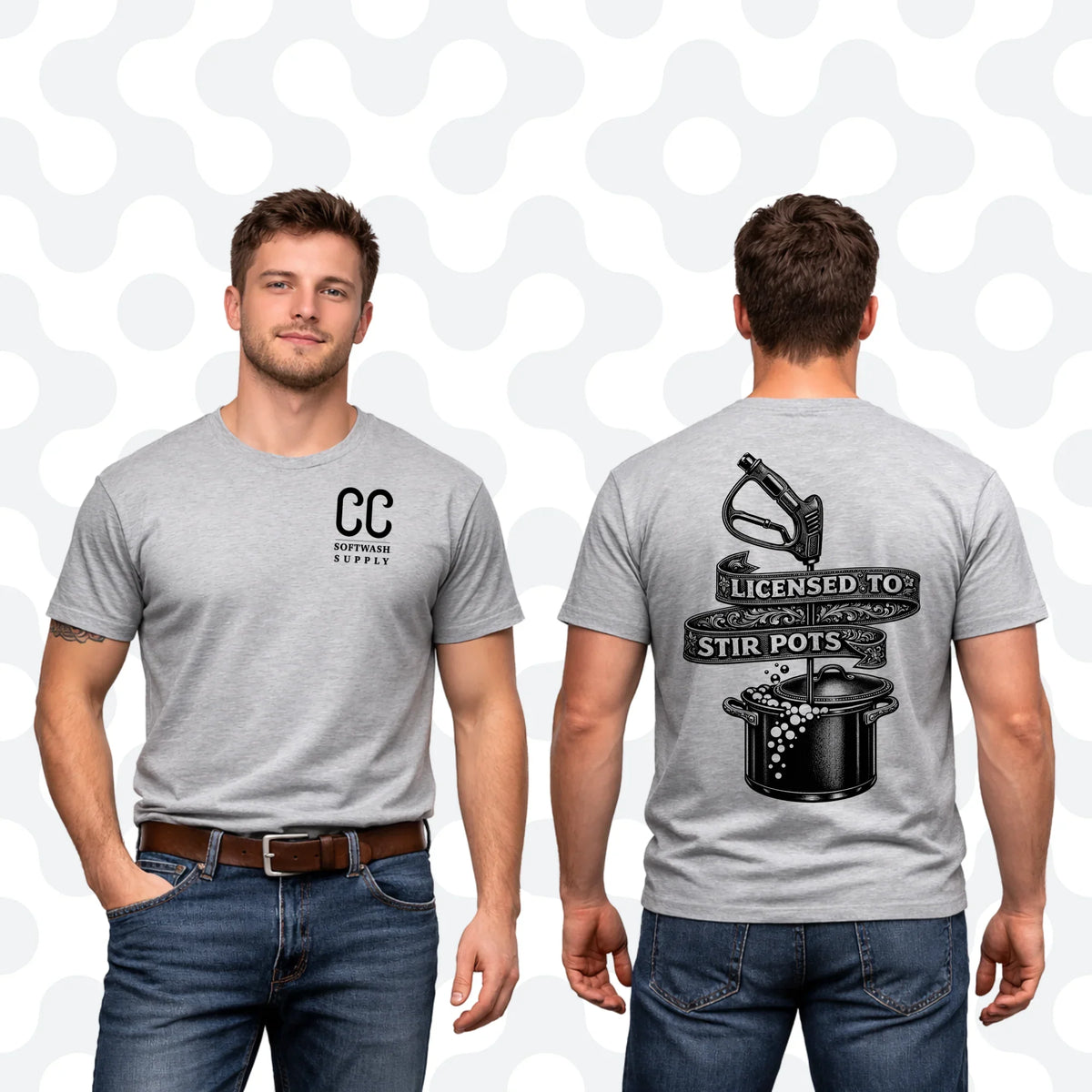 Gray softwash supply t-shirt front and back, featuring 'Licensed to Stir Pots' graphic with pressure washer nozzle and pot design