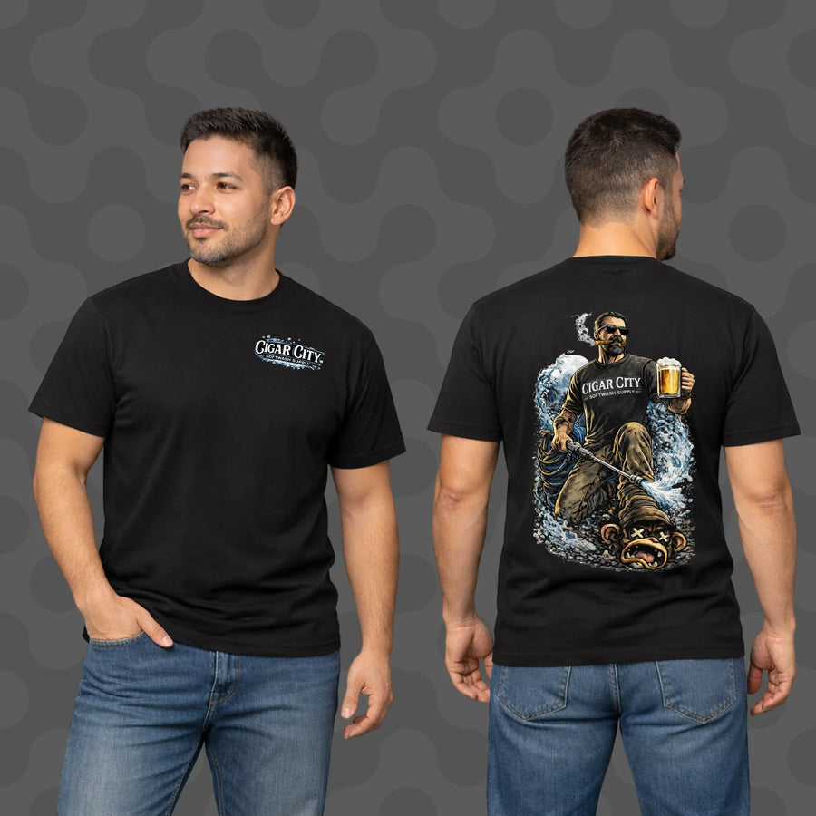 Black Cigar City Softwash Supply t-shirt with front logo and back graphic of man holding beer and pressure washer