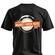 Black t-shirt with 'Market Fresh Skids' graphic, orange and white design, welding theme