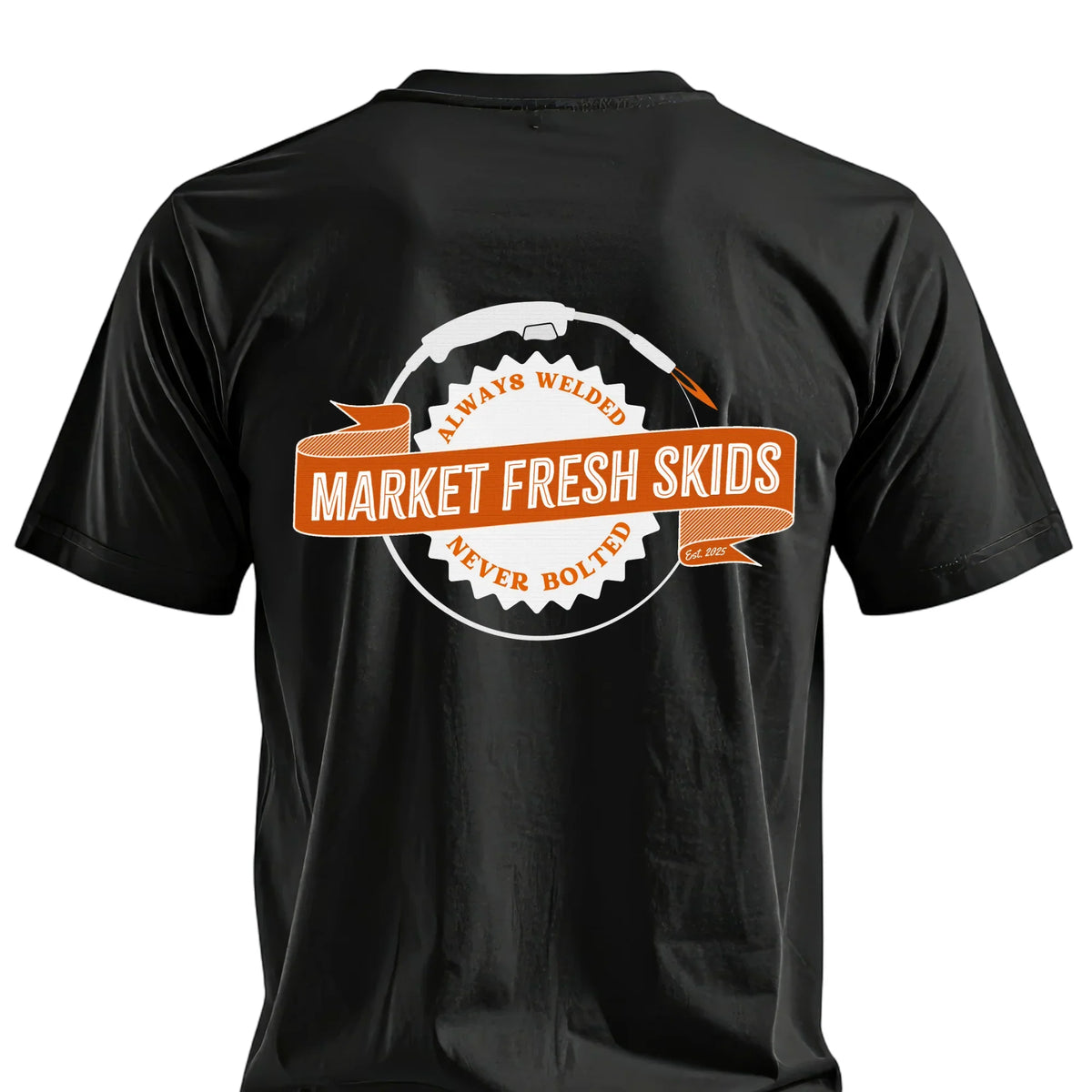Black t-shirt with 'Market Fresh Skids' graphic, orange and white design, welding theme