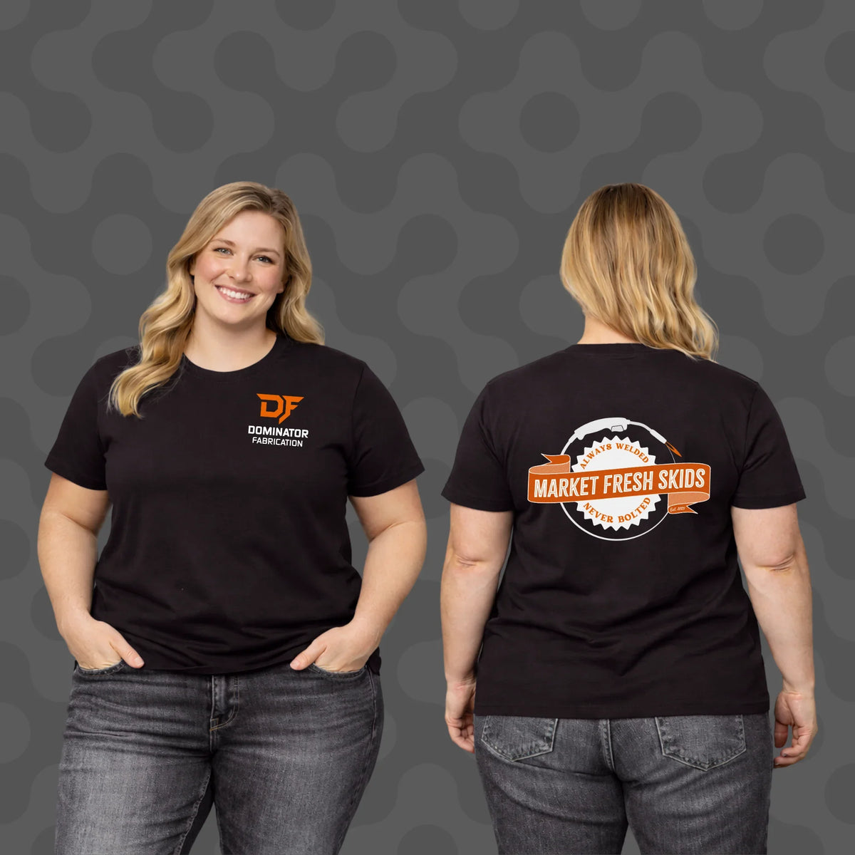 Black t-shirt with 'Dominator Fabrication' logo front and 'Market Fresh Skids' graphic back, worn by woman