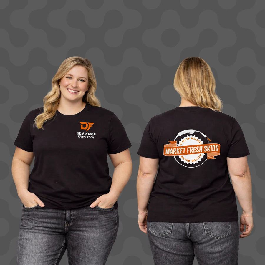 Black t-shirt with 'Dominator Fabrication' logo front and 'Market Fresh Skids' graphic back, worn by woman