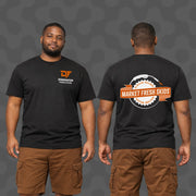 Black Dominator Fabrication t-shirt with 'Market Fresh Skids' graphic, front and back view