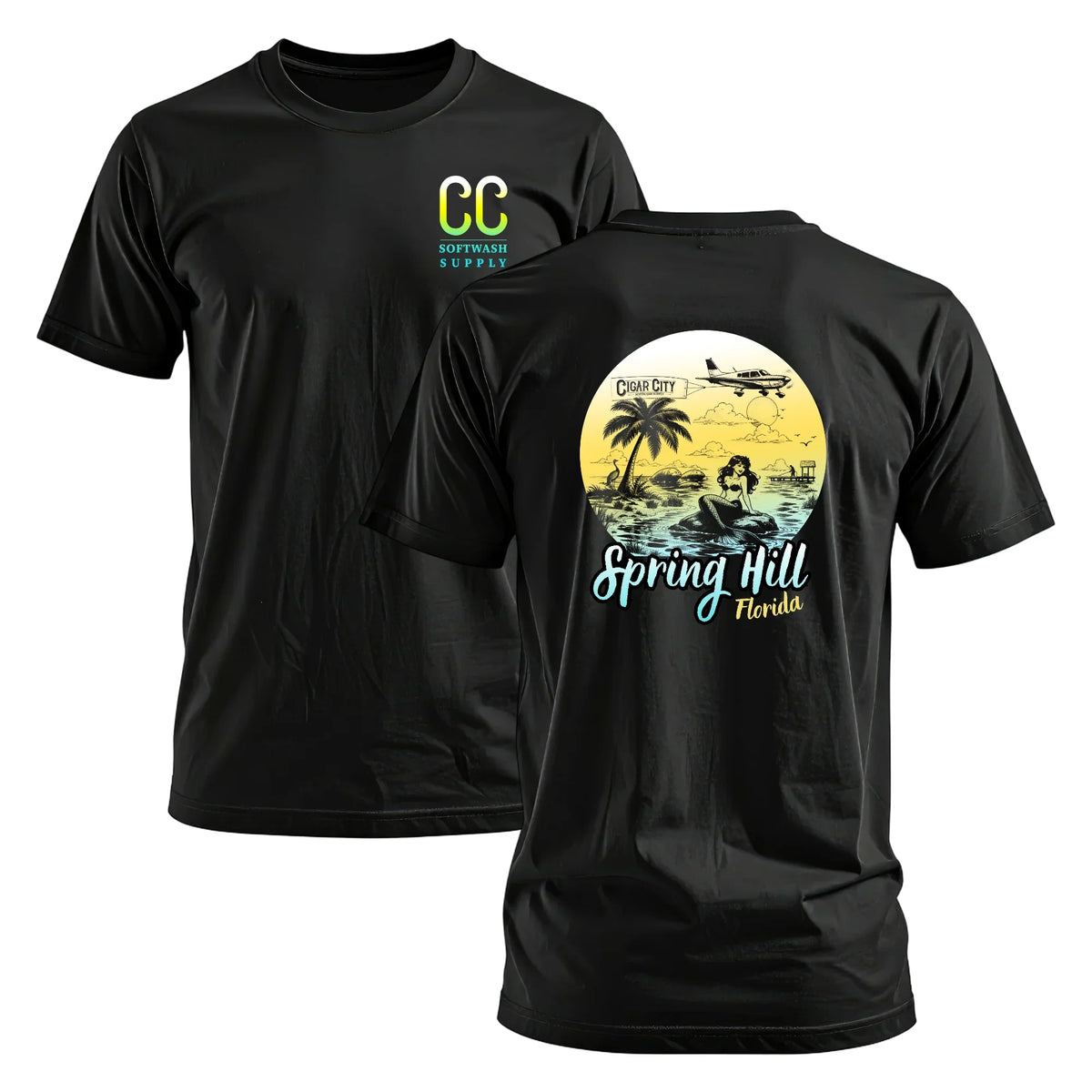 Black softwash supply t-shirt with Spring Hill Florida mermaid graphic and CC logo