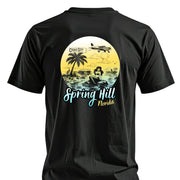 Black t-shirt with Spring Hill Florida mermaid graphic, palm tree, plane, and Cigar City Softwash Supply logo
