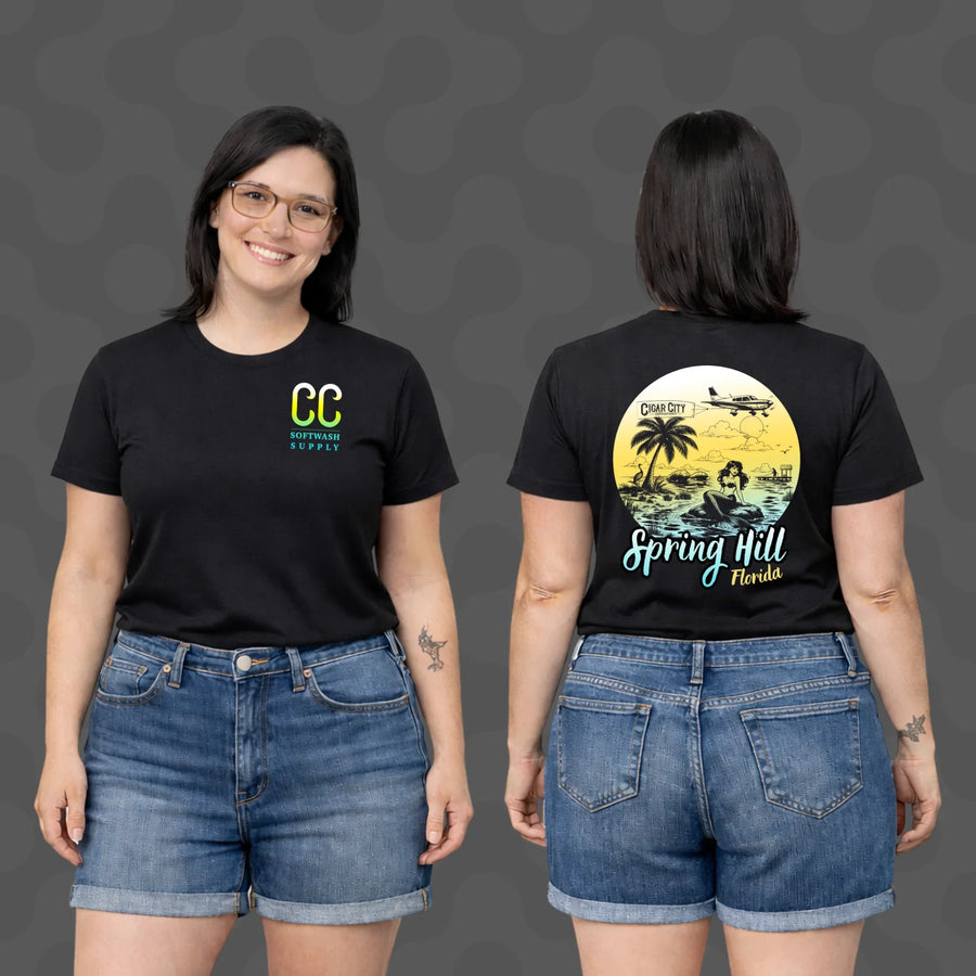 Black softwash supply t-shirt with CC logo front, Spring Hill Florida mermaid graphic back