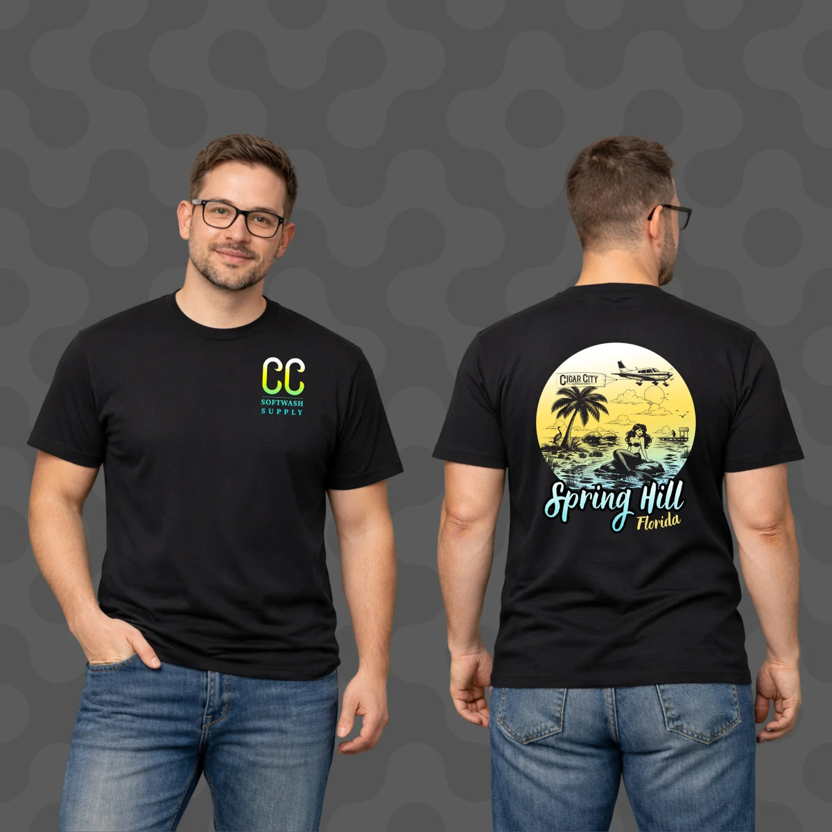 Black softwash supply t-shirt with CC logo front, Spring Hill Florida mermaid graphic back