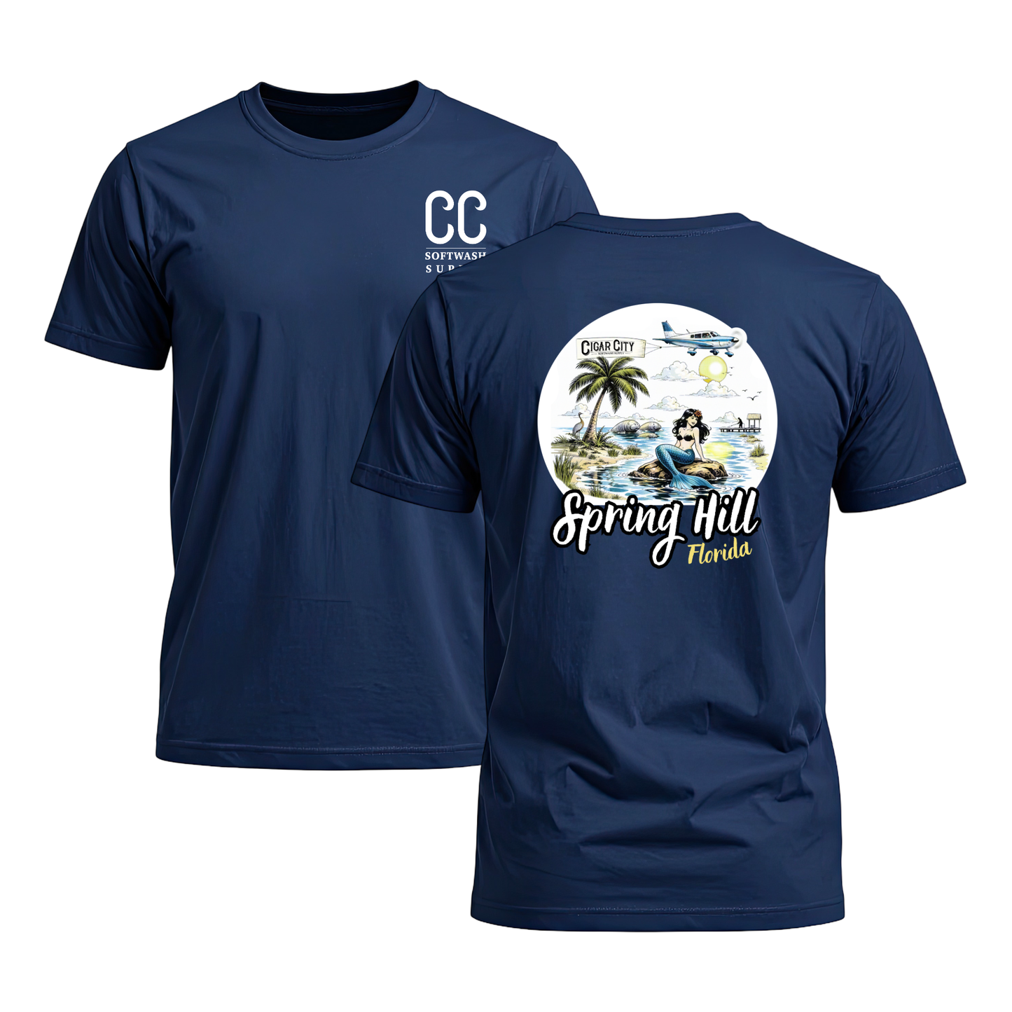 Cigar City Softwash Supply T-Shirt – Spring Hill Mermaids & Manatees – Navy Blue