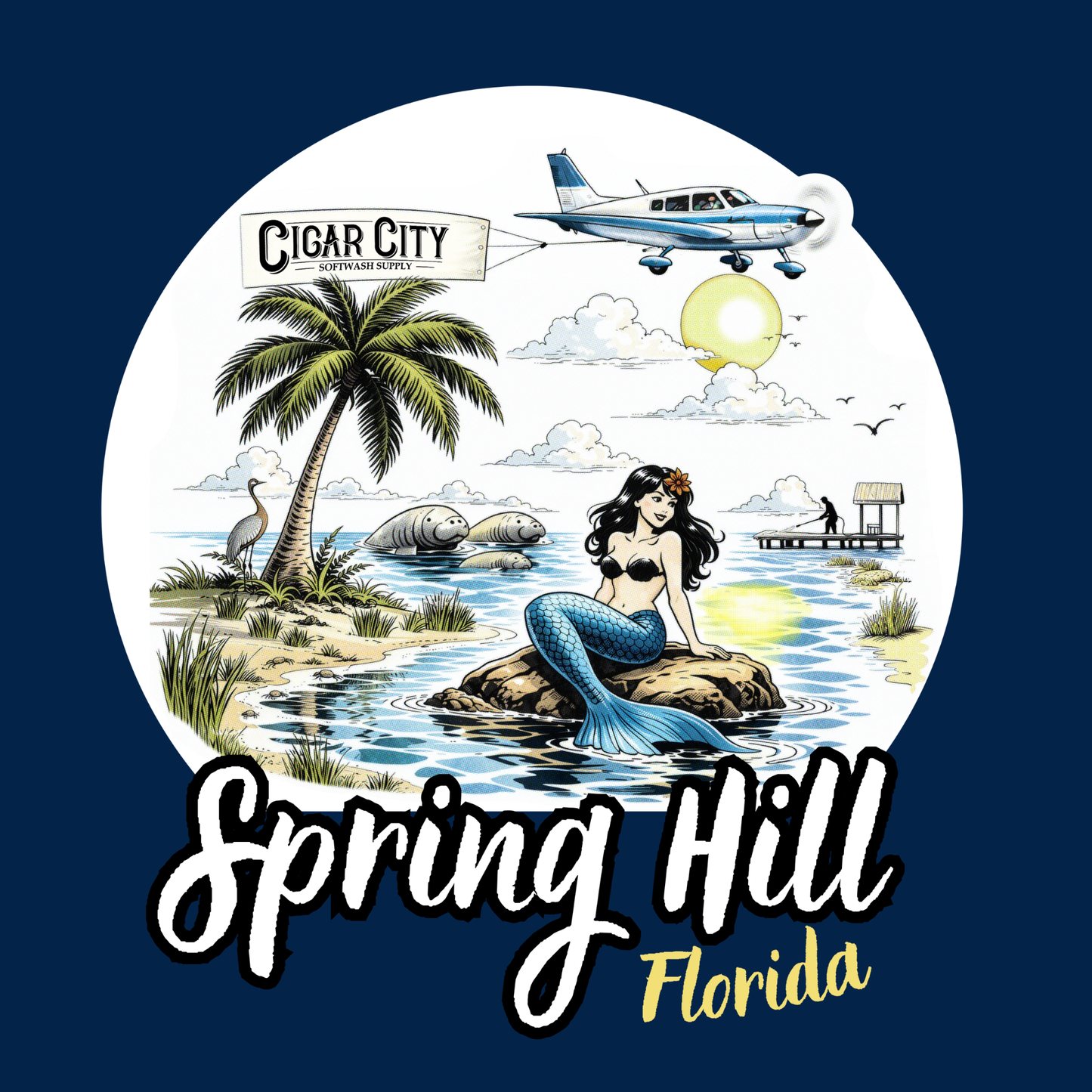 Cigar City Softwash Supply T-Shirt – Spring Hill Mermaids & Manatees – Navy Blue