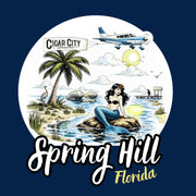 Mermaid on rock by palm tree, seaplane towing Cigar City Softwash Supply banner over Spring Hill, Florida waters
