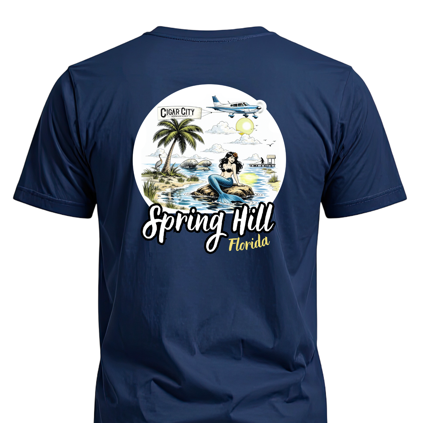 Cigar City Softwash Supply T-Shirt – Spring Hill Mermaids & Manatees – Navy Blue
