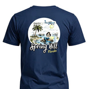 Navy t-shirt with Spring Hill Florida mermaid graphic, palm tree, plane, and Cigar City Softwash Supply logo