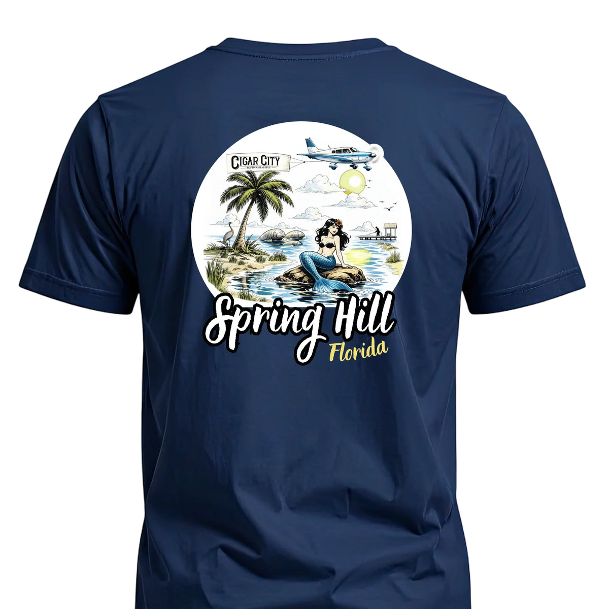 Navy t-shirt with Spring Hill Florida mermaid graphic, palm tree, plane, and Cigar City Softwash Supply logo