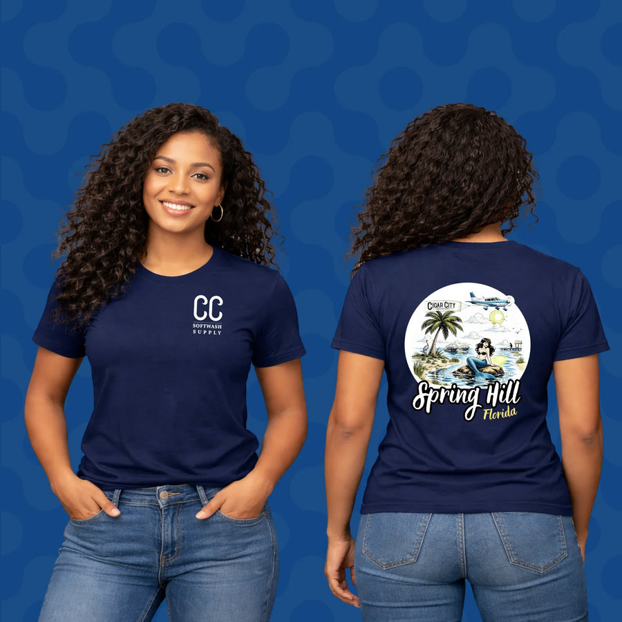 Navy blue softwash supply t-shirt with Spring Hill Florida mermaid graphic, front and back view