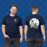 Navy softwash supply t-shirt with Spring Hill Florida mermaid graphic and CC logo, front and back view