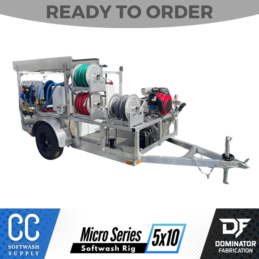 Micro Series 5x10 softwash rig with hose reels, pump, and trailer for professional cleaning equipment