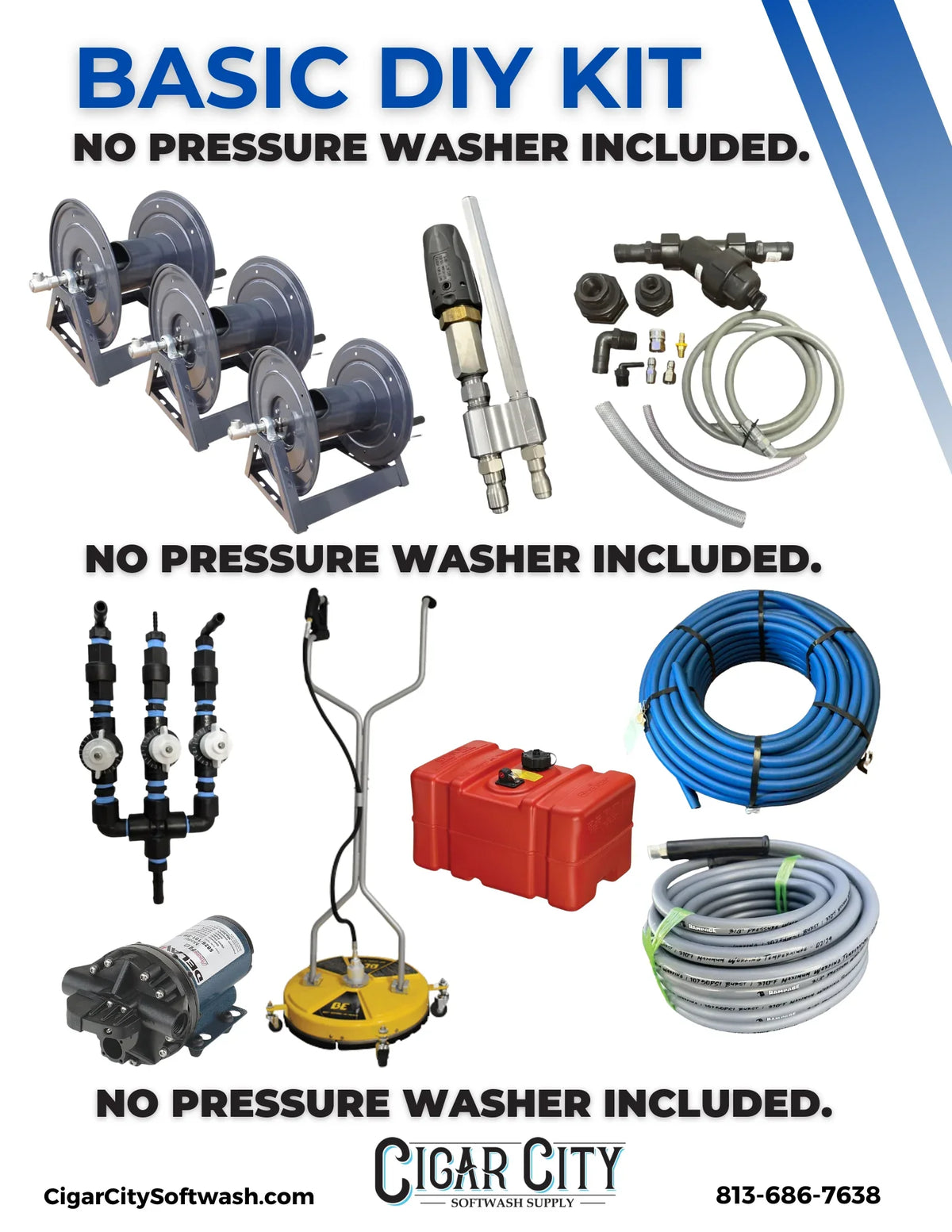 Basic DIY softwash kit with hoses, nozzles, and pump for professional cleaning solutions
