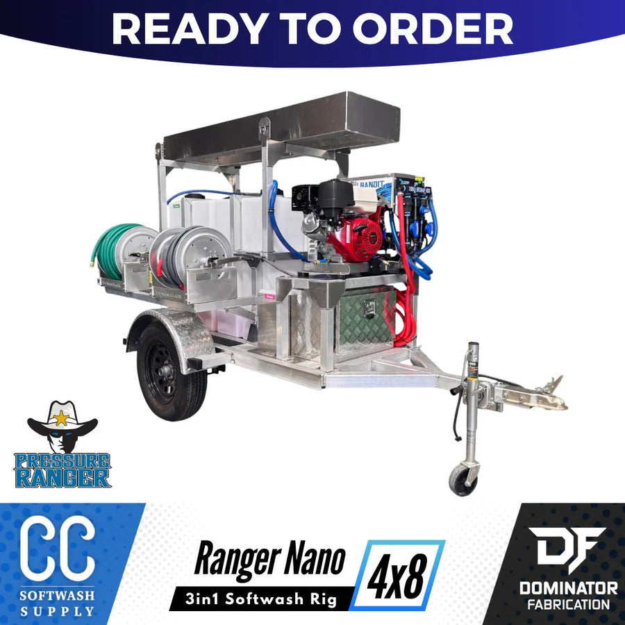 Ranger Nano 4x8 3-in-1 softwash rig with pressure washer, hoses, and trailer setup for professional cleaning
