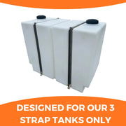 White 3-strap softwash tank with black caps, designed for professional cleaning equipment
