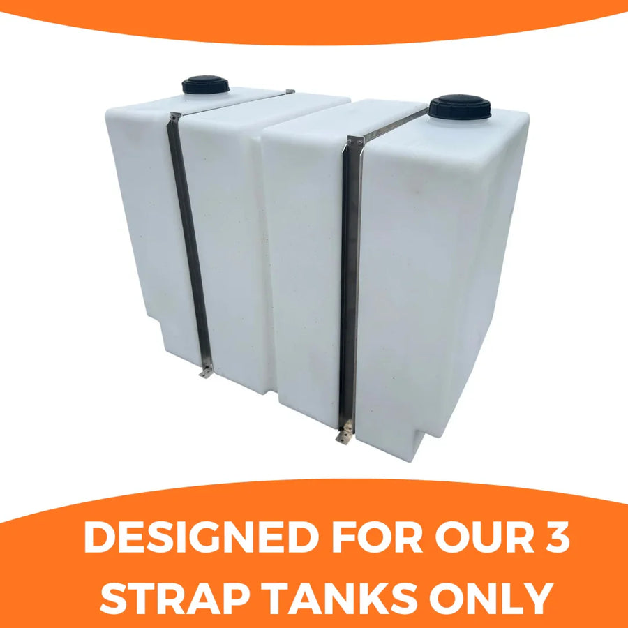 White 3-strap softwash tank with black caps, designed for professional cleaning equipment