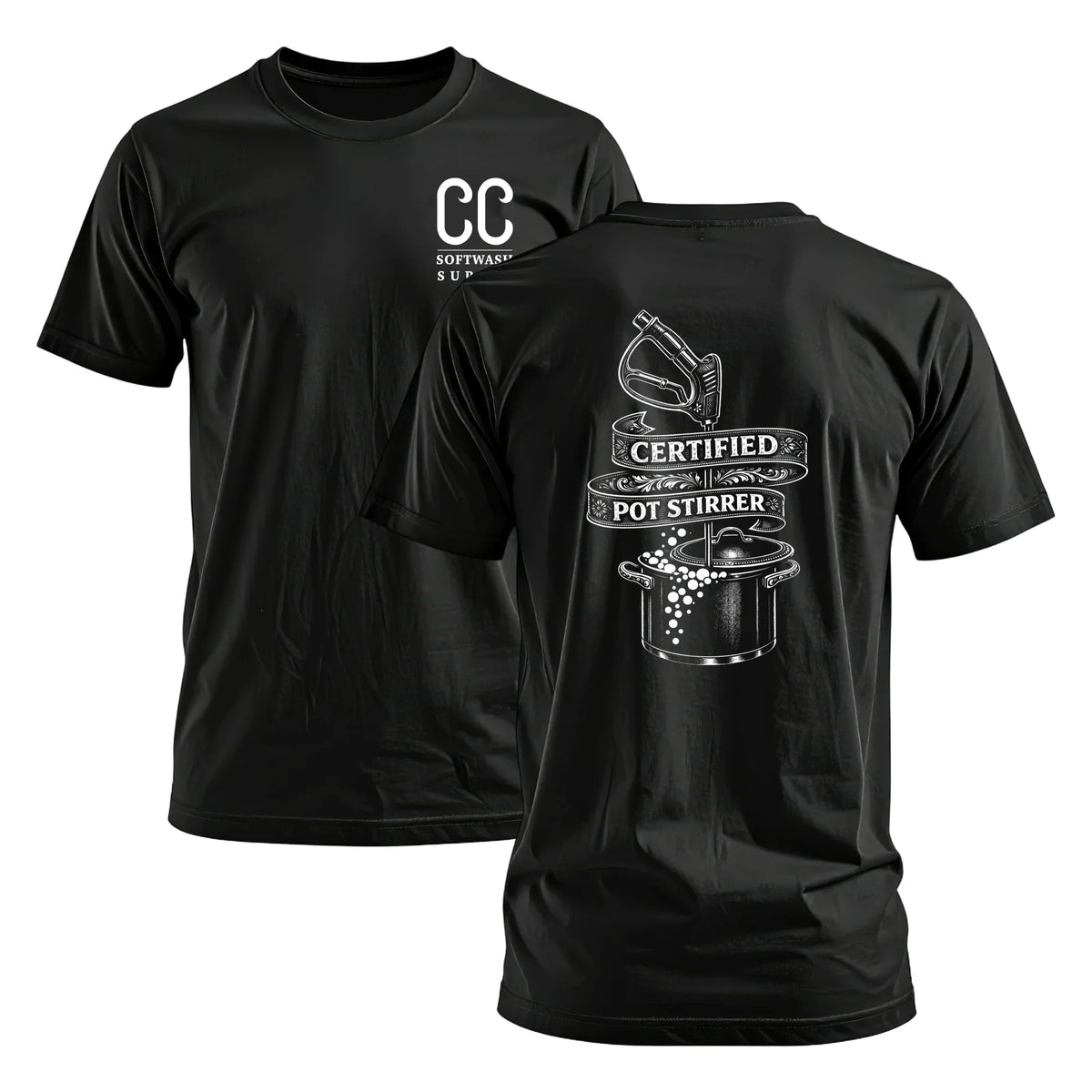 Black softwash crew t-shirt with 'Certified Pot Stirrer' graphic and CC Softwash Supply logo